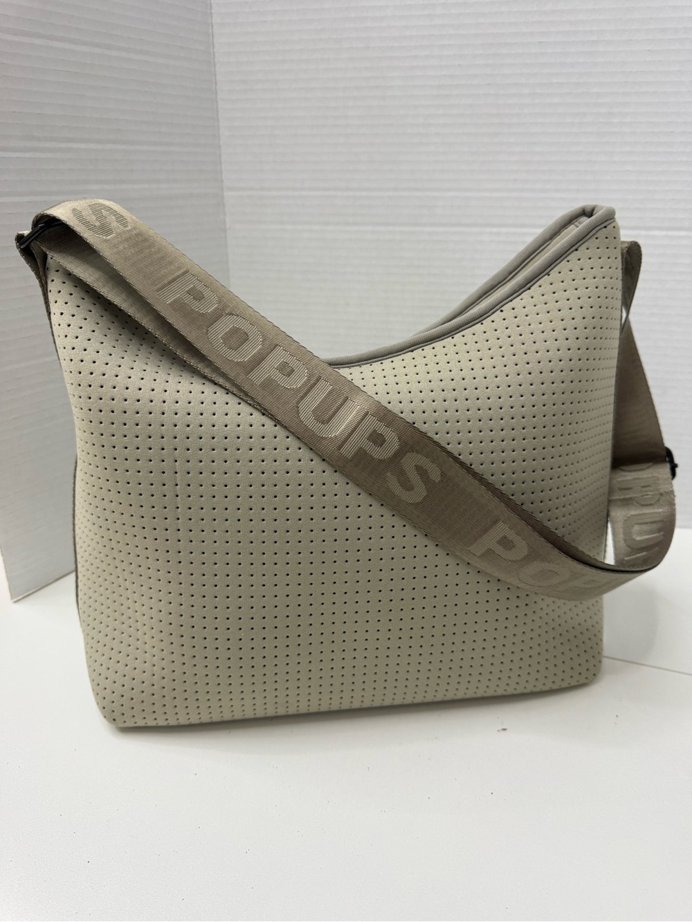 Popupshop Beige Perforated Shoulder Bag with Branded Strap